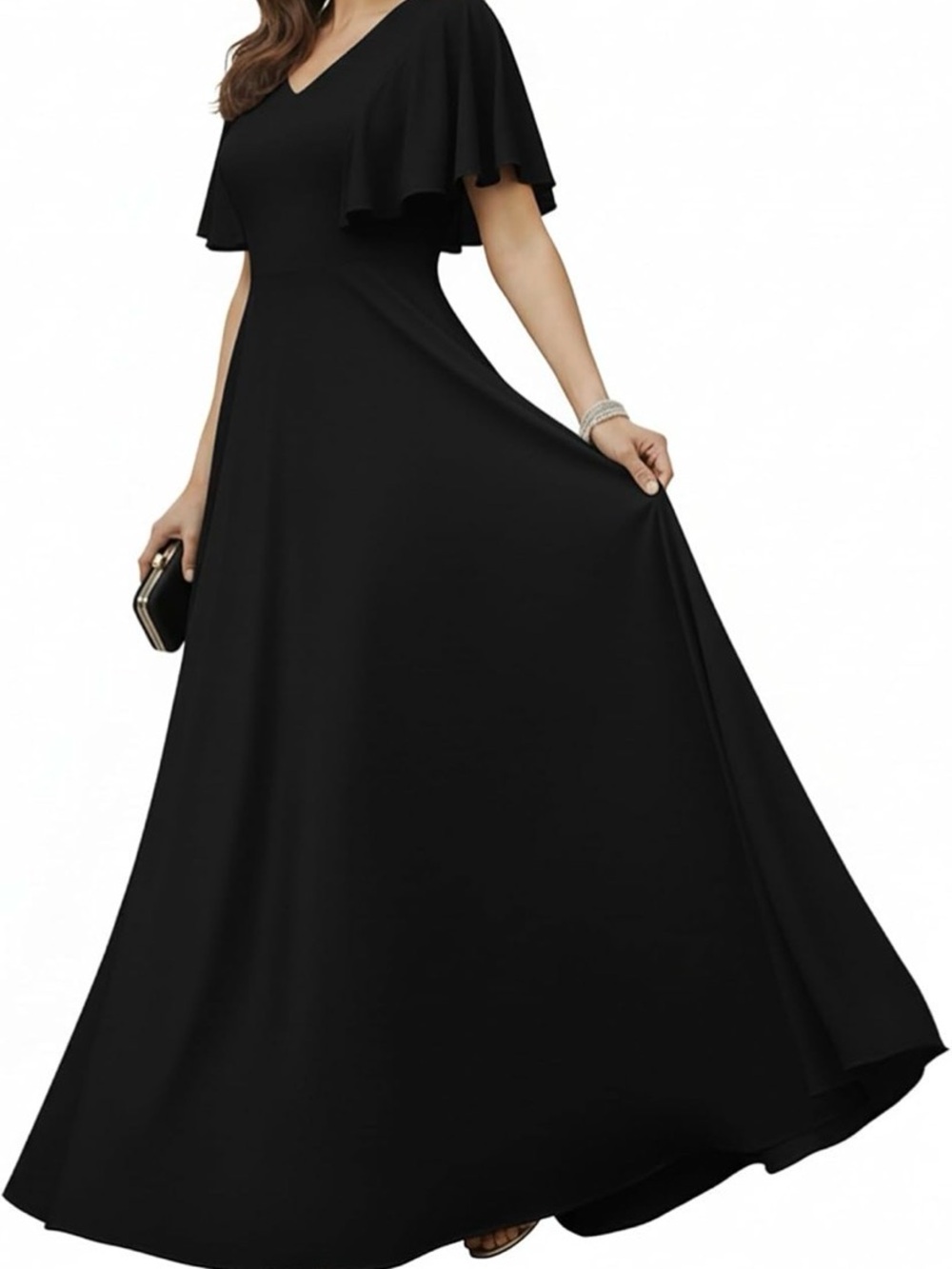 Elegant Black V-Neck Flutter Sleeve Maxi Dress